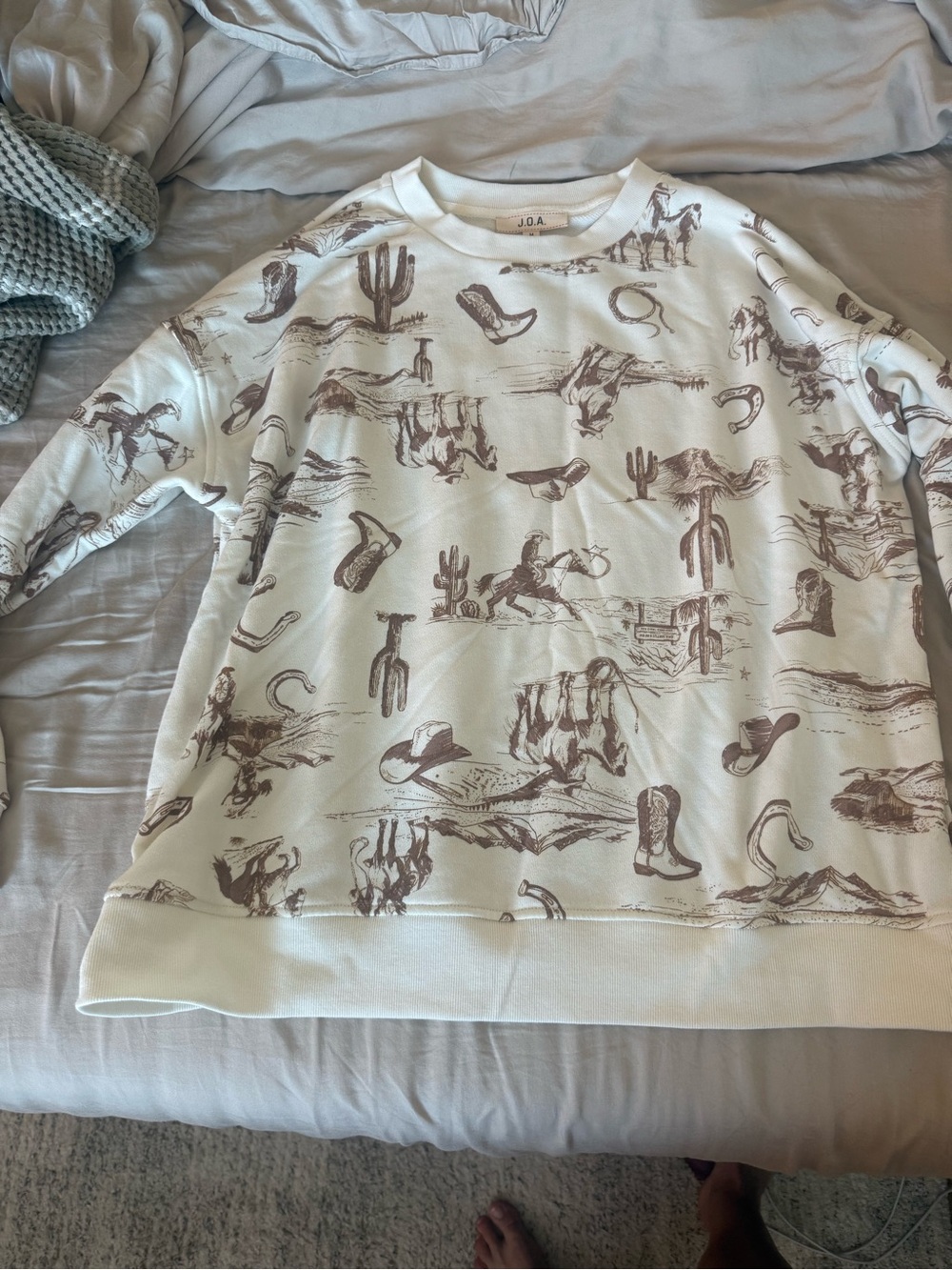 J.O.A. Western Motif Crewneck Sweater in Cream and Brown